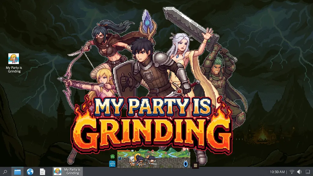 My Party Is Grinding — the five-hero party fighting in the desktop side window